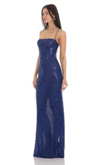 Sequin Mesh Maxi Dress in Blue