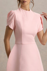 Carabella | Pink High-Neck Short-Sleeve Mini Dress